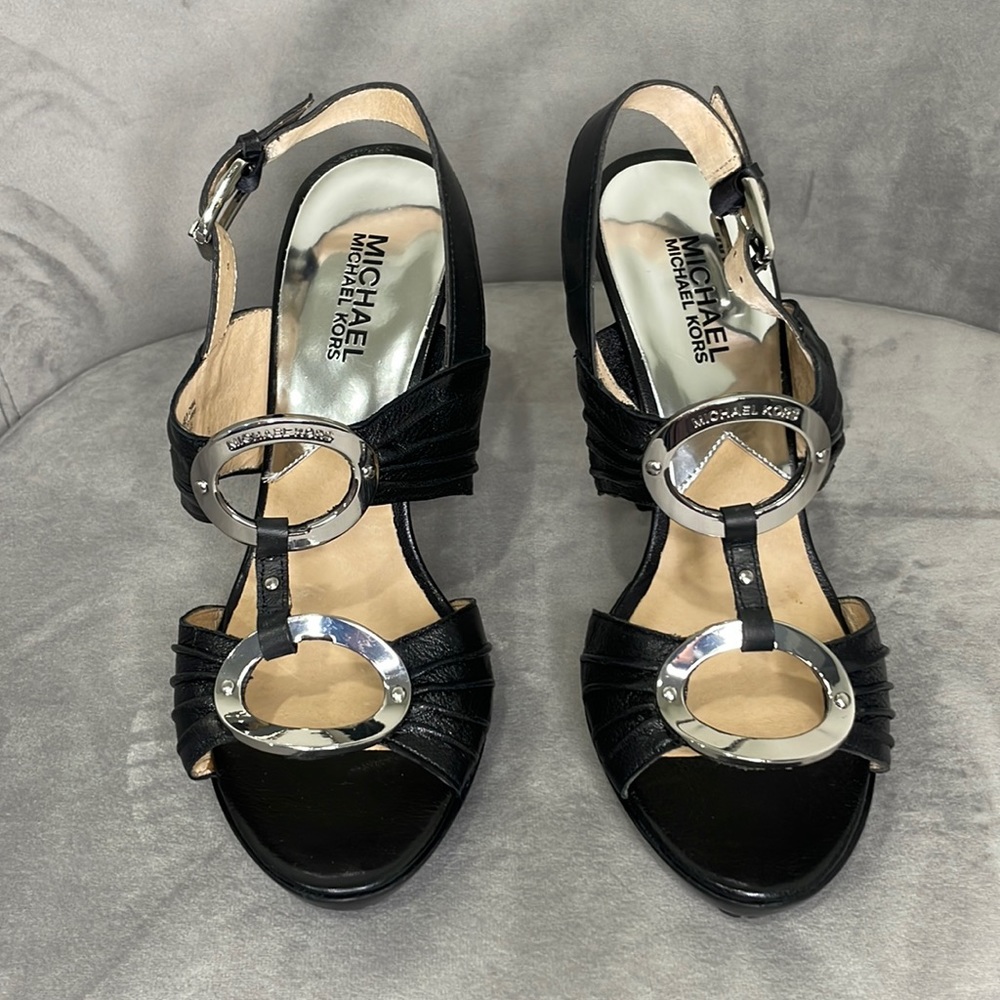 Michael Kors Bella Du Mod Sling Black Silver Rings Open Toes Sandals